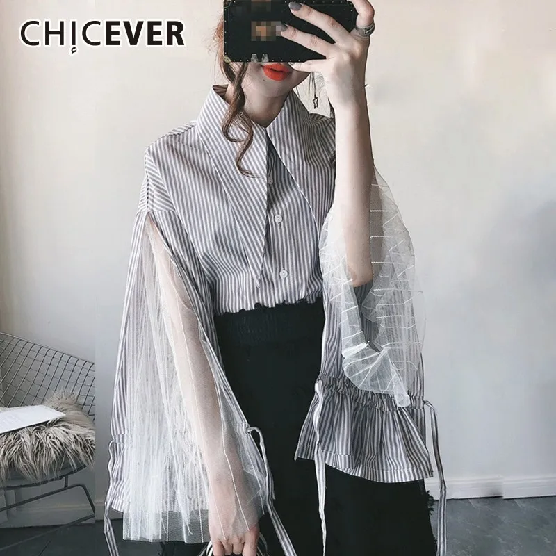 

CHICEVER Striped Patchwork Mesh Women Shirts Blouse Flare Sleeve Bow Ruffles Personality Shirt Blouses Clothes Fashion Korean