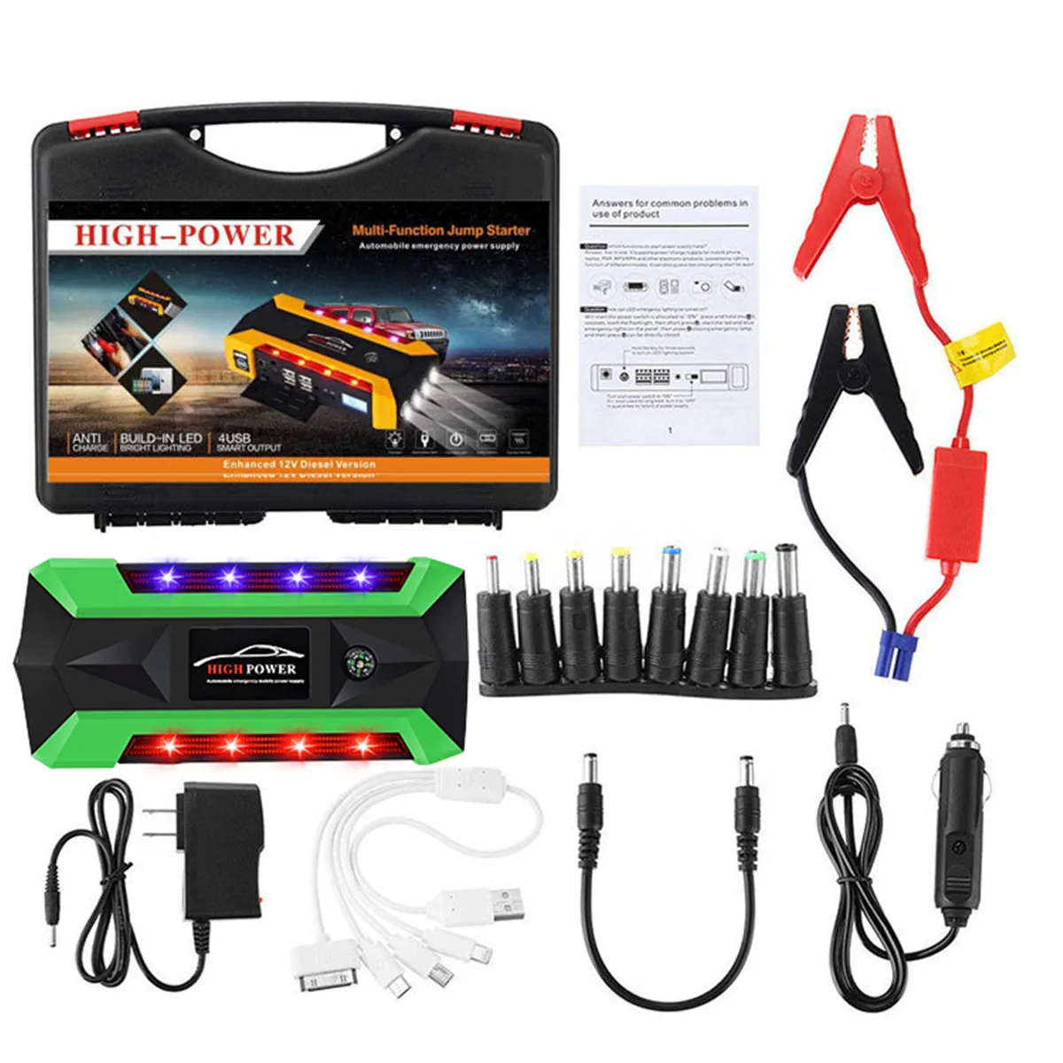 Multi-Function Portable 89800mAh Emergency Battery Charger Car Jump Starter 4 Lamp USB Power Bank Starting Device US/UK/AU/EU