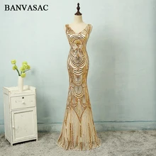 BANVASAC 2019 Vintage V Neck Sequined Mermaid Long Evening Dresses Elegant Party Tulle Tank Backless Prom Gowns