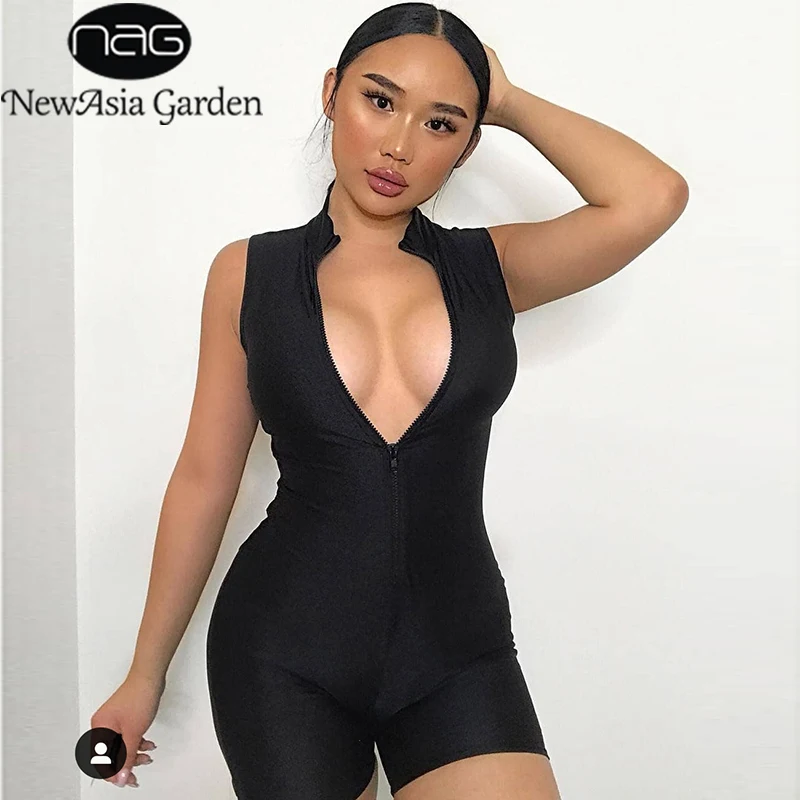 NewAsia الأسود Playsuit 2019 الصيف النساء عالية طوق الجبهة زيبر السائق قصيرة بذلة الأساسية يتأهل ارتداءها مثير الشارع الشهير