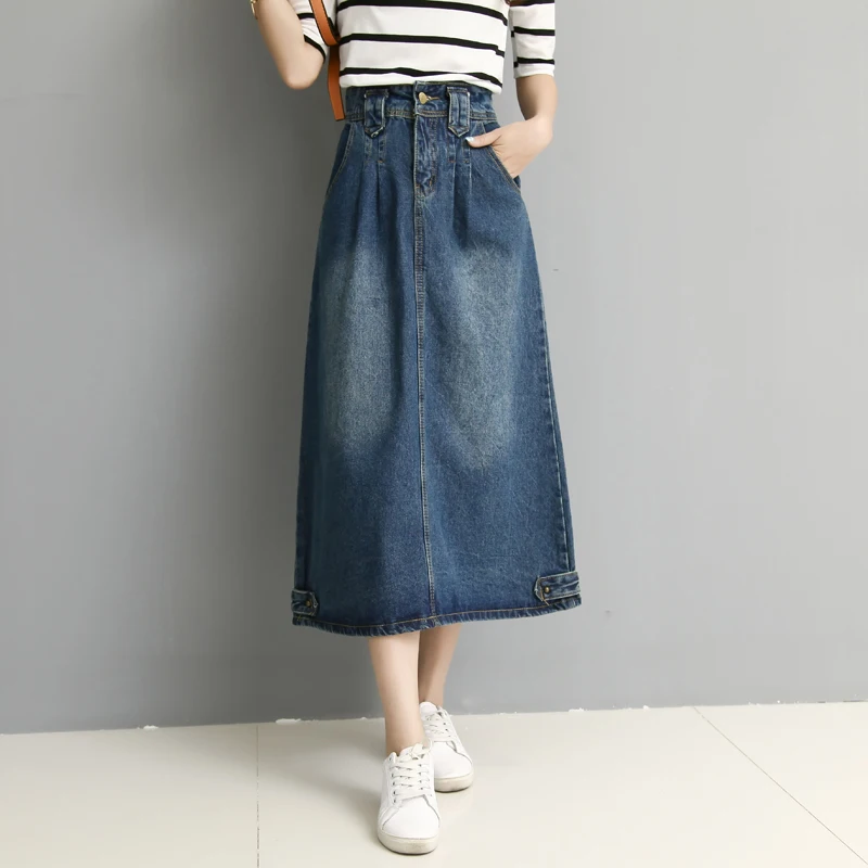 

Solid Ladies Casual Large Swing A Line Long Denim Skirt For Women Vintage Jupe Blue Jeans Skirt Summer Loose Denim Skirt Lady