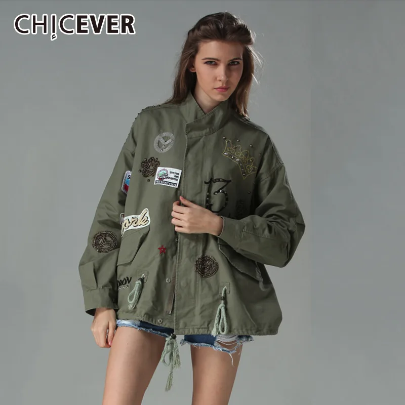 

CHICEVER Autumn Trench Coat For Women's Windbreaker Embroidery Pattern Long Sleeve Loose Big Size Coats Female Clothes Fashion
