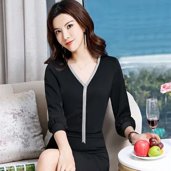

2019 Spring New 3 Colors V Neck Shirts Women Fashion Long Sleeve Blouse Beading Office Lady Formal Loose Plus Size Tops