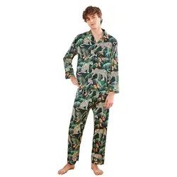 2019 пижамный комплект для мужчин, одежда для сна с цветочным принтом, модная ночная рубашка, Атласный пижамный комплект из 2 предметов