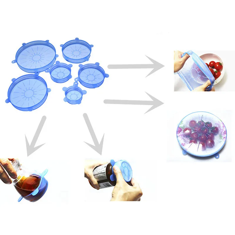 6 шт. силиконовые эластичные крышки, универсальная крышка, силиконовая пищевая упаковка, миска, крышка для кастрюли, силиконовая крышка, кастрюля, кулинарные кухонные принадлежности, Прямая поставка