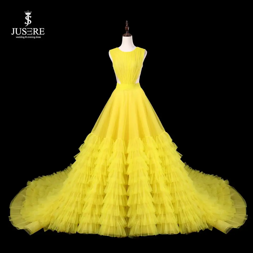 

JUSERE Vestido de festa Yellow Evening Dress Long Jewel Neck Sleeveless V-Back Floor Length Formal Party Gowns Evening Dresses