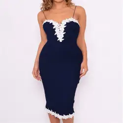 Модные повседневное тонкий однотонные пикантные для женщин Bodycon Strappy V средства ухода за кожей шеи кружево цветок Вечеринка дамы миди пла