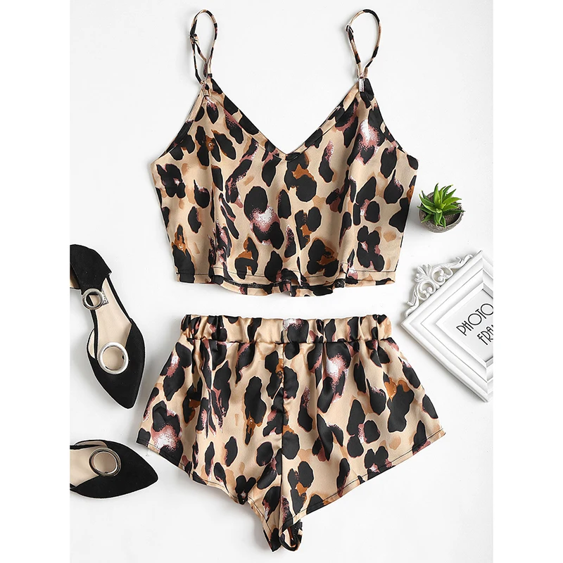 

Women Satin Leopard pajamas set Sleeveless Crop Top Shorts pyjama femme lingerie Sleepwear Night Suit cute dessous