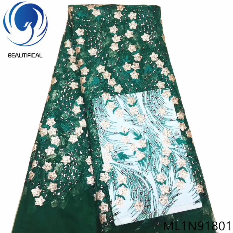 

BEAUTIFICAL Nigeria French tulle lace for wedding sequins african mebroidery sequins tulle lace green french fabric ML1N918