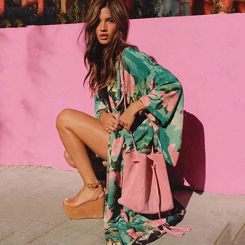 

Green Floral Print Bird Women Kimono Cardigan Batwing Sleeve Loose Maxi Kimonos Shirt 2019 Summer Long Blouse Boho Clothing Top