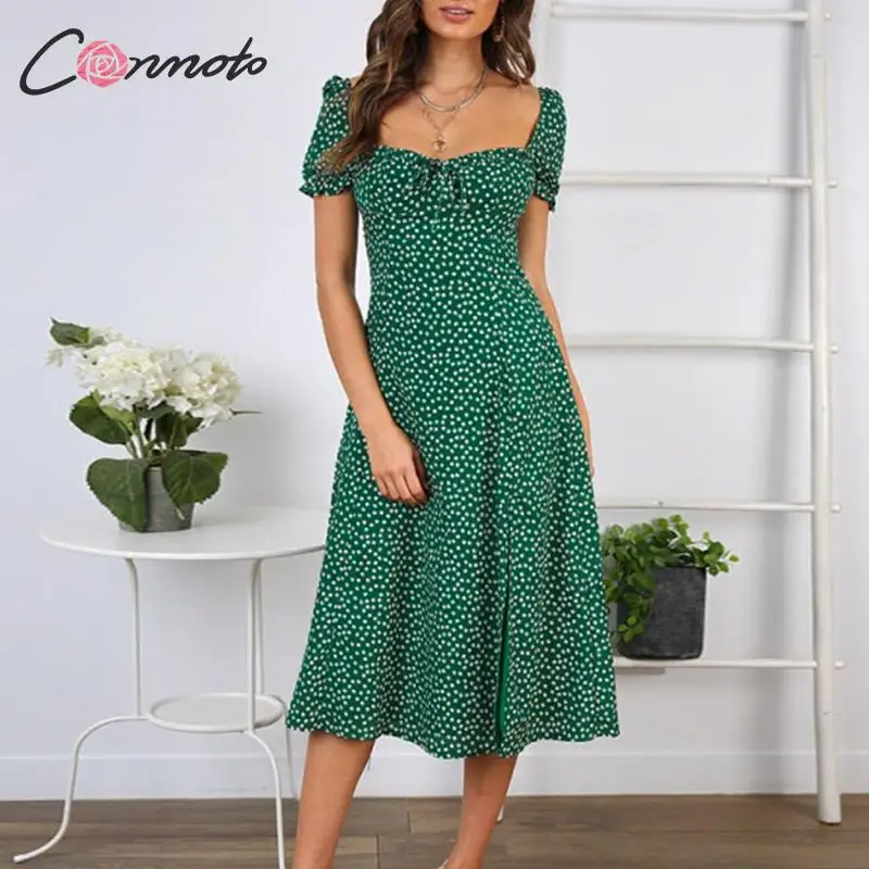 Goede Conmoto Zomer Vintage Party Dress Vierkante Kraag Ruches Elegante Sexy Jurk Strand Vrouwelijke Groene Mid Jurken Vestidos