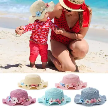

Fashion Mother Daughter Hat Lady Wide Large Brim Floppy Summer Beach Sun Straw Hat Cap With Flower