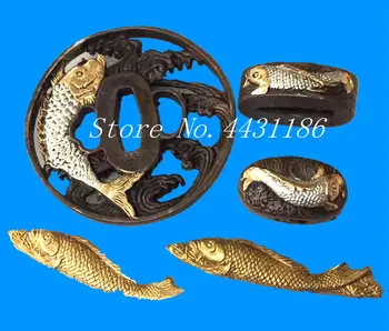 

BRASS GUARD TSUBA FOR JAPANESE SAMURAI SWORD KATANA FITTING 3 STYLE FISH THEME- TSUBA+FUCHI+KASHIRA+MENUKI