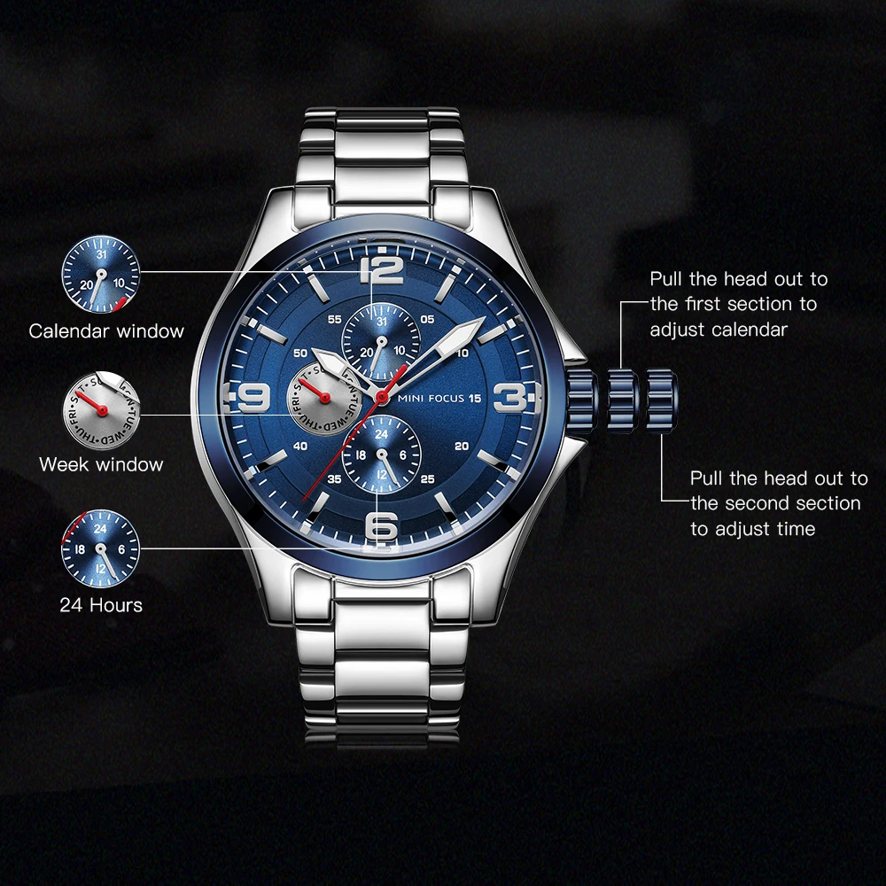MINI FOCUS Classic Watch For Men 3 Sub-dials Mens Watches Quartz Analog Clock Stainless Steel Watch Strap Calendar Wristwatch