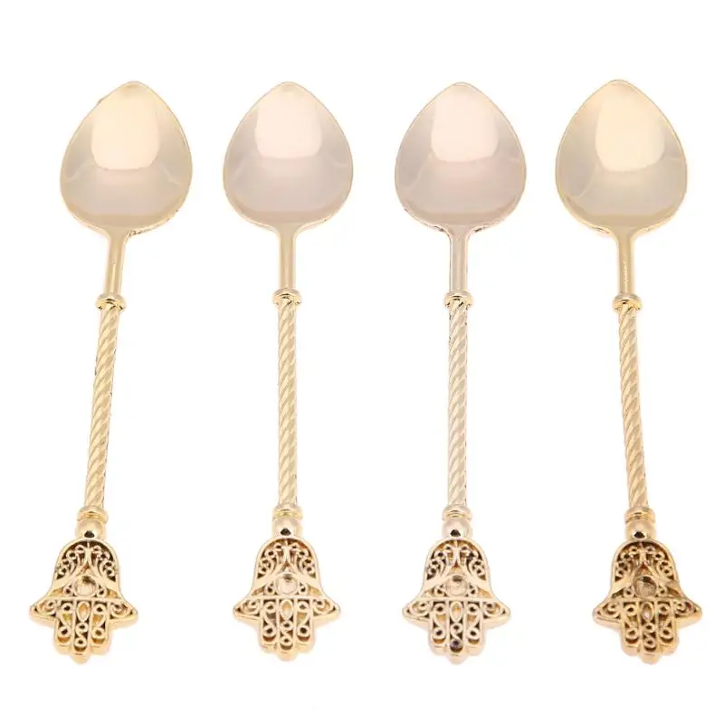 4pcs Vintage Gold Spoon Alloy Coffee Ice Cream Dessert Spoons Royal Style Retro Stick Coffee Tea