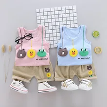 Мода для мальчиков и девочек летняя одежда, костюмы детские с рисунками героев из мультфильмов, рисунок лягушки, жилета и шорт, детская одежда, одежда для 2 шт./компл. детская одежда тренировочный костюм для маленьких мальчиков