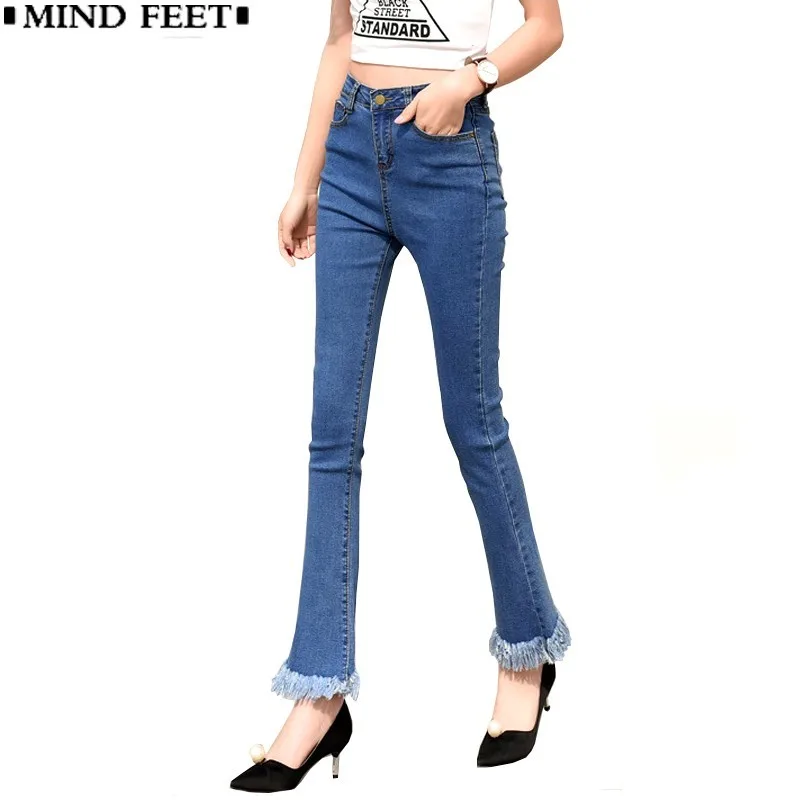 Женские джинсы клеш с бахромой MIND FEET Bell Bottom обтягивающие брюки стрейч из денима