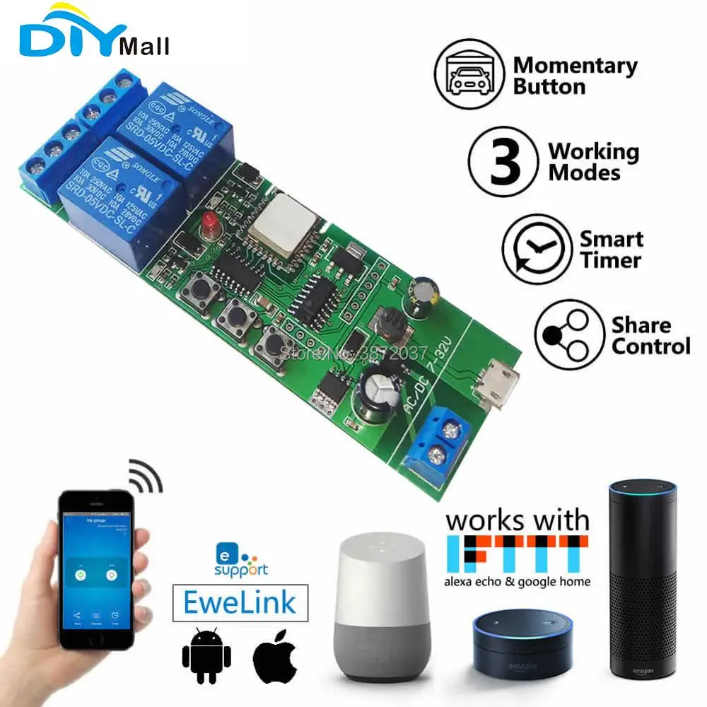 Wi-fi sem Fio Auto-travamento de Bloqueio Inicial do Google Dc7-32v para Amazon Interruptor Faça Você Mesmo 2 Canal Avançando 5v Alexa Ewelink 2-gang