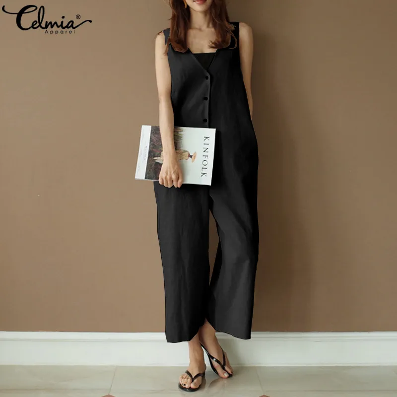 

2019 Celmia Women Jumpsuit Vintage Dungarees Summer Romper Casual V-neck Sleeveless Buttons Wide Leg Trousers Plus Size Overalls