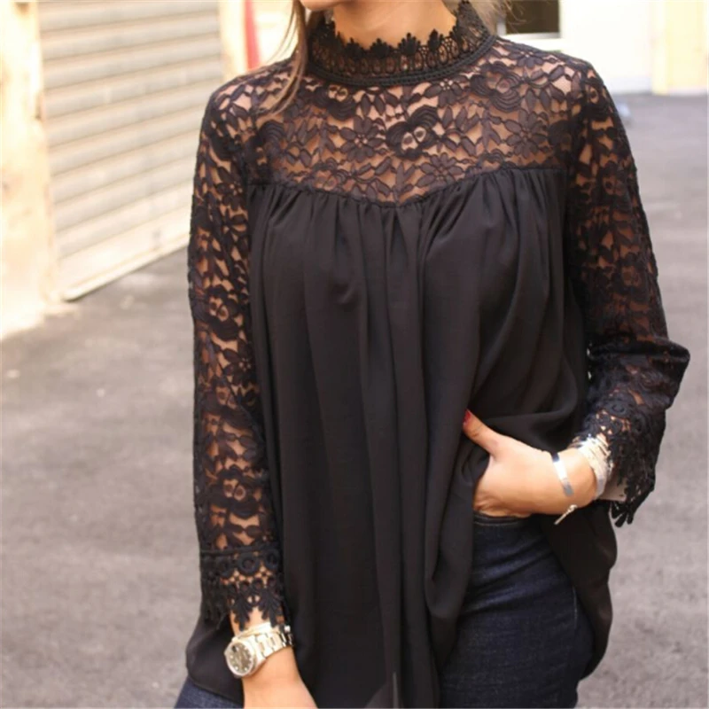 New Arrival Women Blouses Sexy Lace Ladies Tops And Blouses Womens Clothing Casual Black Women Blouse Shirts Long Sleeve Tops