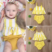Летние детские для маленьких девочек полосатый купальник комплект бикини желтый милый купальник ванный пляжная одежда