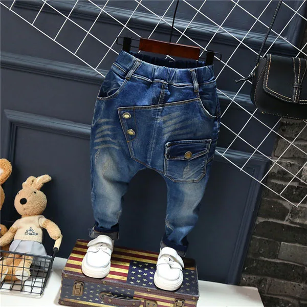 Детские джинсы штаны-шаровары для мальчиков и девочек большие штаны с маленькими штанинами