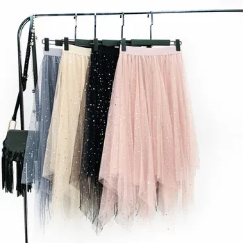 

Spring Summer Female Sequins Stars Lace Skirts Women Solid Color Elastic Waist Irregular Mesh Pleated Skirts