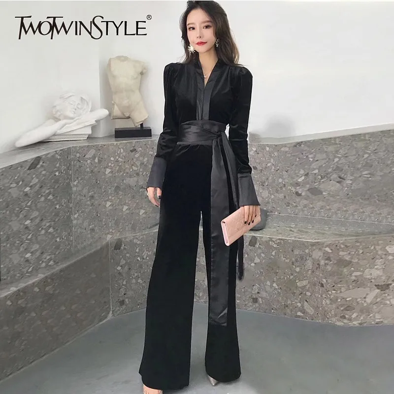 TWOTWINSTYLE элегантный женский комбинезон с v образным вырезом и длинным рукавом