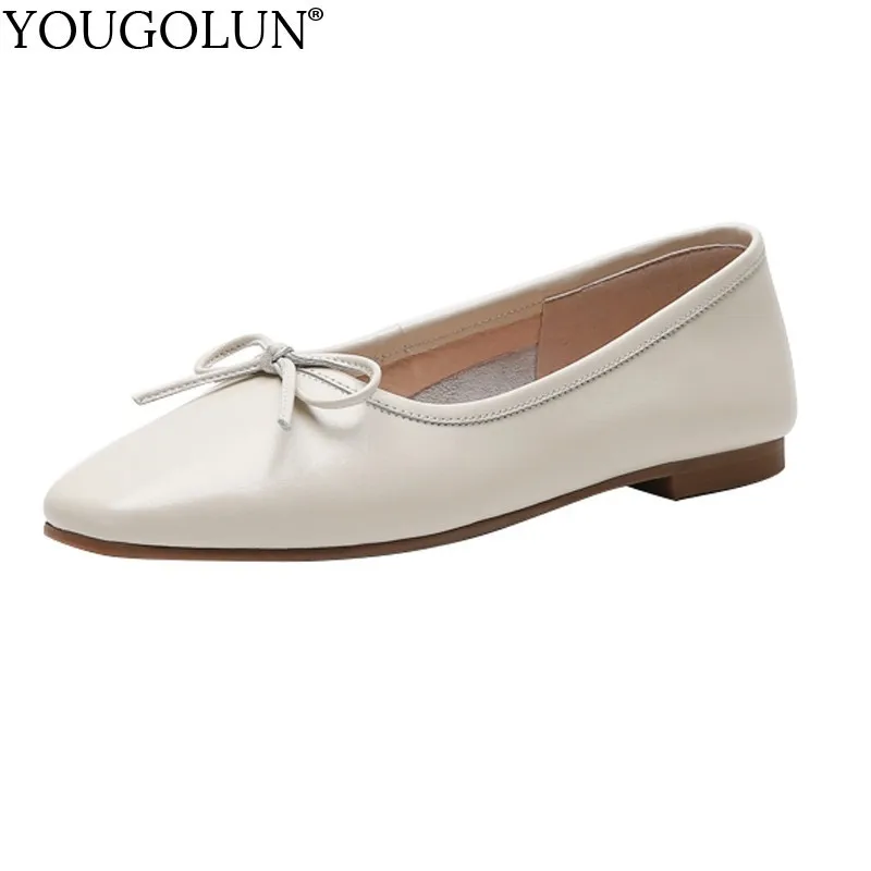 

Women Genuine Cow Leather Loafers Bow Flat Shoes Spring Ladies Casual Fashion Black Apricot Beige Square Toe Ballet Flats C064