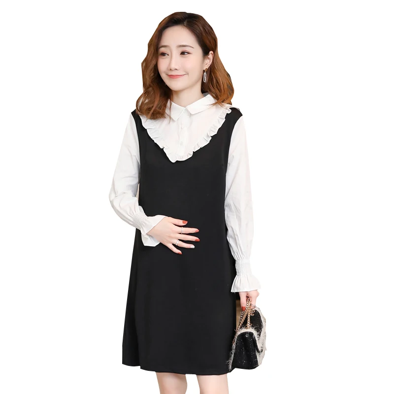 

Pengpious 2019 spring and autumn new long-sleeved pregnant women dress turn-down collar maternity mini dresses sweet shirts nice
