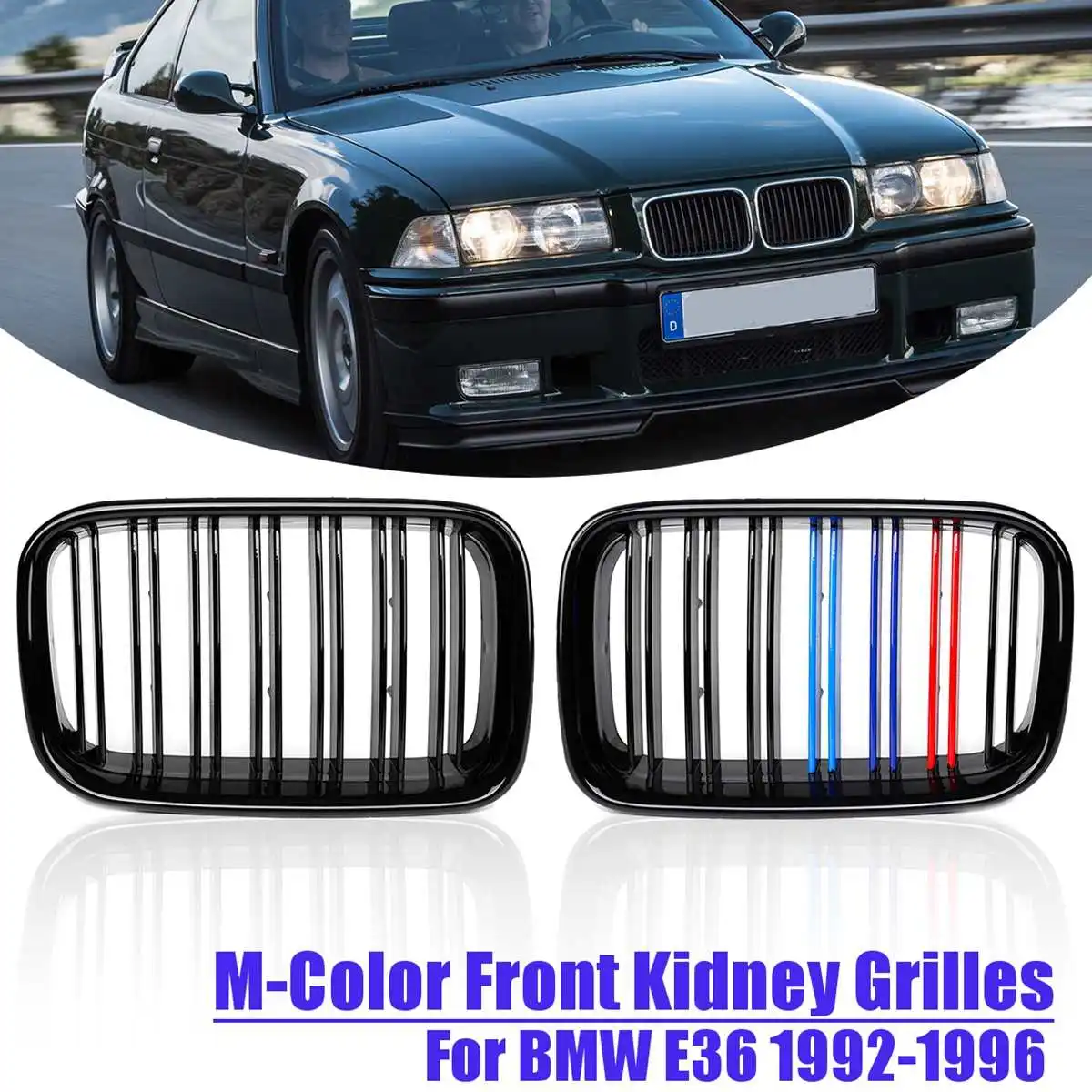 

For BMW E36 1992-1996 Pair left & right M-Color&Glossy Black ABS Plastic Front Kidney Grilles 51138122237 Racing Grills