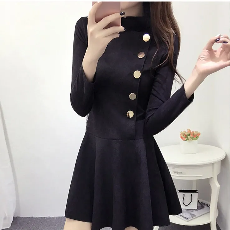 

New 2018 Autumn Winter Women Suede Fabric Dresses Fashion Solid Button Mini A-line Dress Long Sleeve Casual Dress