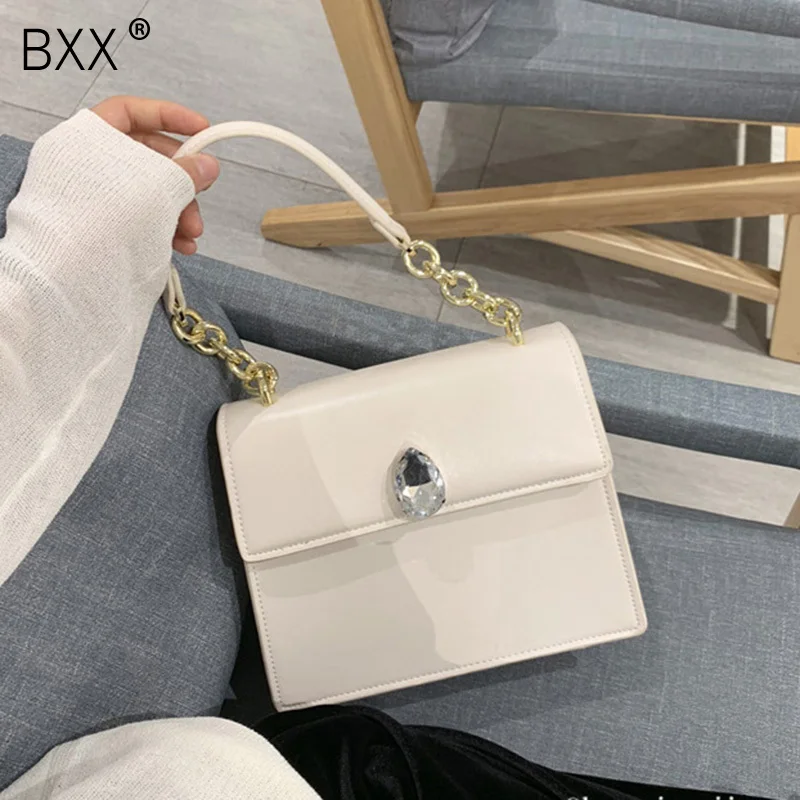 

[BXX] 2019 New Woman White Black Color Single Strap Single Chain PU Leather Spliced Imitate Diamond Shoulder Bag Handbag LM794