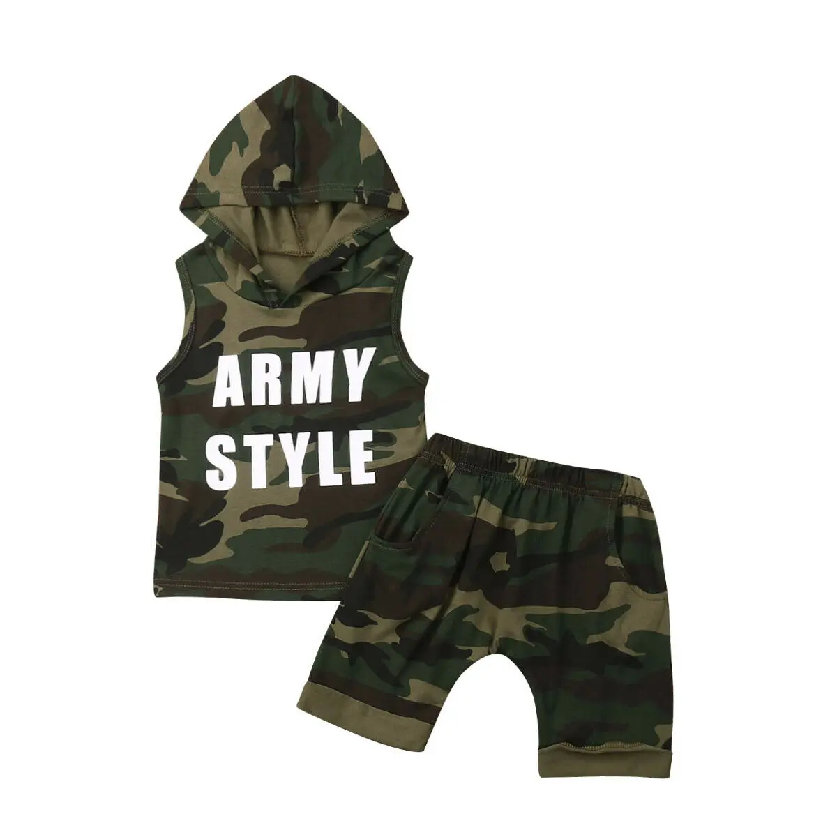 

1-5Y Toddler Kids Baby Boy Summer Clothes Army Style Sleeveless Hooded Vest Tops Shorts Pant 2PCS Camouflage Clothing Set