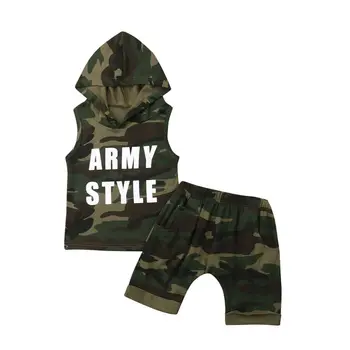 

1-5Y Toddler Kids Baby Boy Summer Clothes Army Style Sleeveless Hooded Vest Tops Shorts Pant 2PCS Camouflage Clothing Set