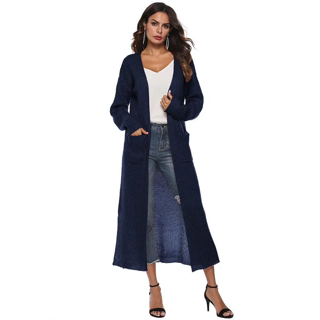 New Fashion Women Casual Front Open Knitted Solid Big Calf length Pockets Regular fit Cardigan |