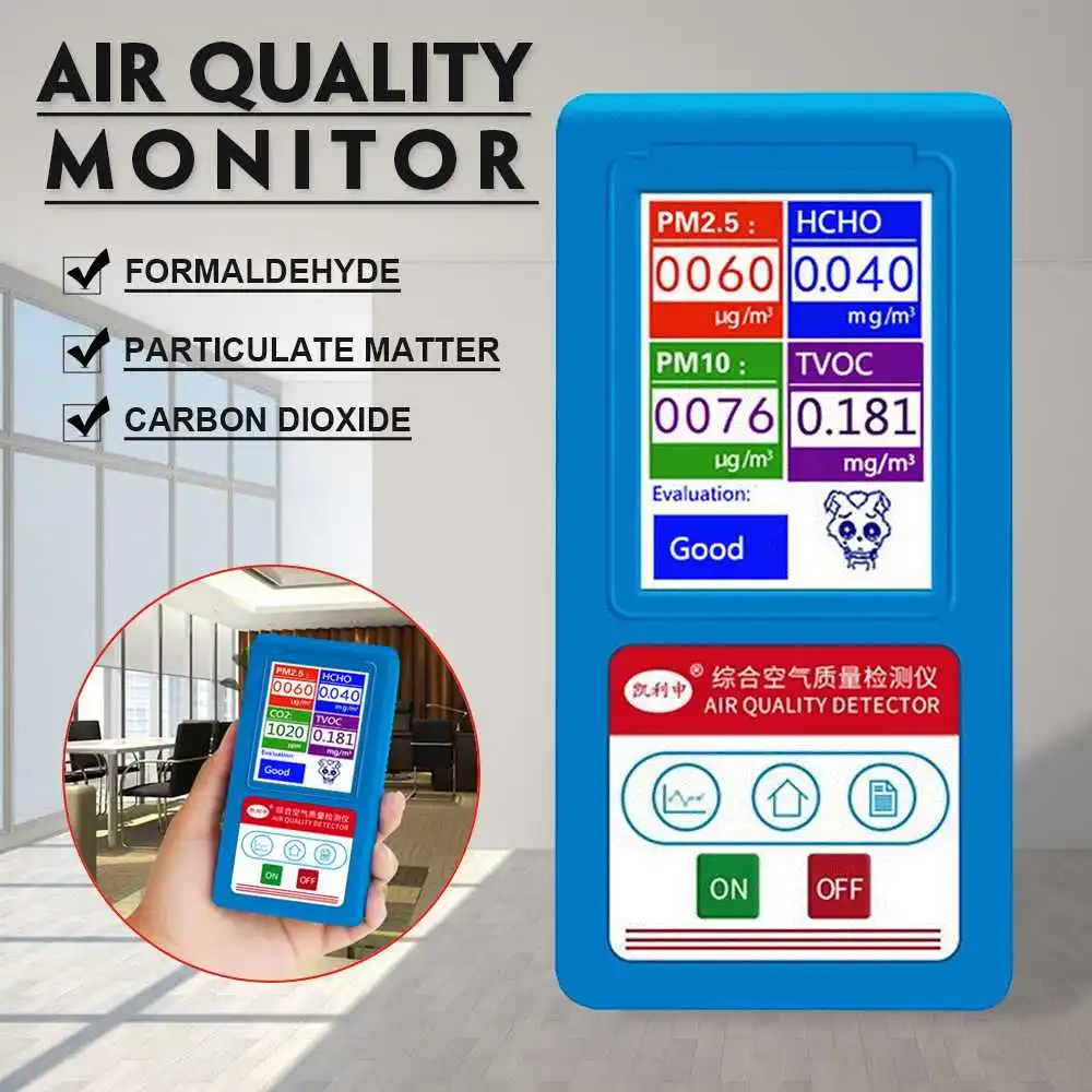 

Gas Analyzer Formaldehyde CO2 Carbon Dioxide PM1.0 PM2.5 PM10 HCHO TVOC Gas Detector Particles Monitor Air Quality Analyzer