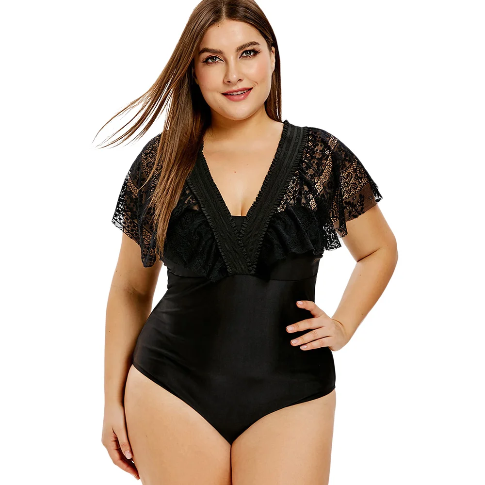 

ROSEGAL Lace Insert Plus Size Convertible One-piece Swimwear Wire Free Solid Beach Style Skinny Bodysuits Women Swimsuit 2019