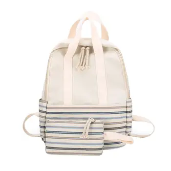

2pcs/Set Striped Canvas Women Backpack Preppy style Teenager Schoolbags Clutch Travel Rucksack Backpack Female