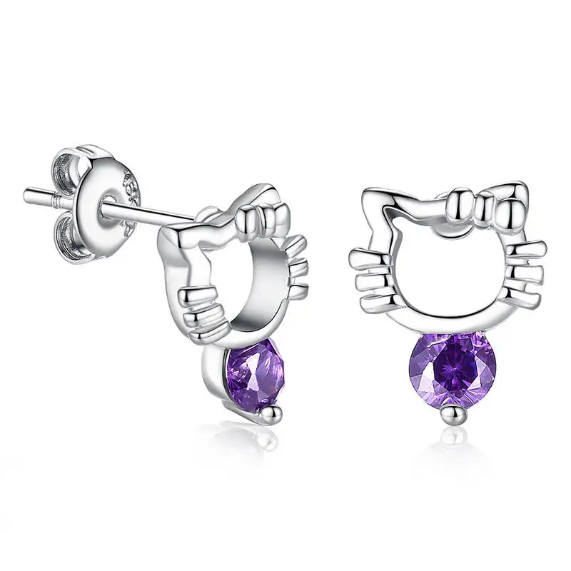 

HPXmas fashion White gold earrings Cat shape purple crystal Stud earrings Women wedding jewelry Gift