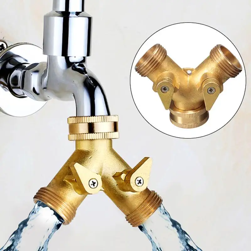 

Outdoor Brass Two Way Double Water Tap Connector Y Shape Garden Hose Connector Adapter Solid Sub Feed Garden Irrigation Tools