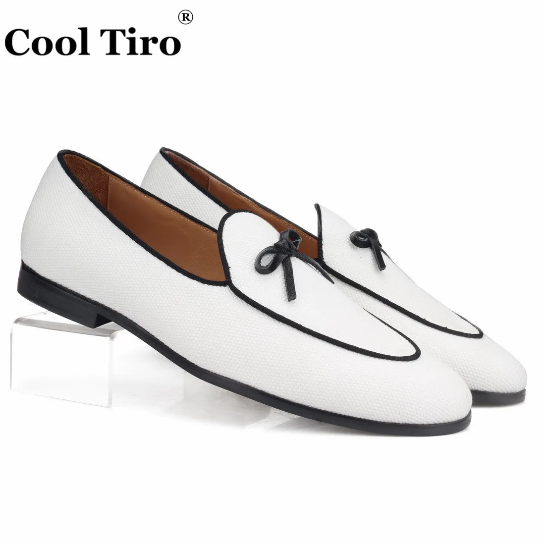 

White Canvas Belgian Loafers With Bow Men Moccasins Slippers Wedding Party Men's Dress Shoes Casual Genuine Leather Flats