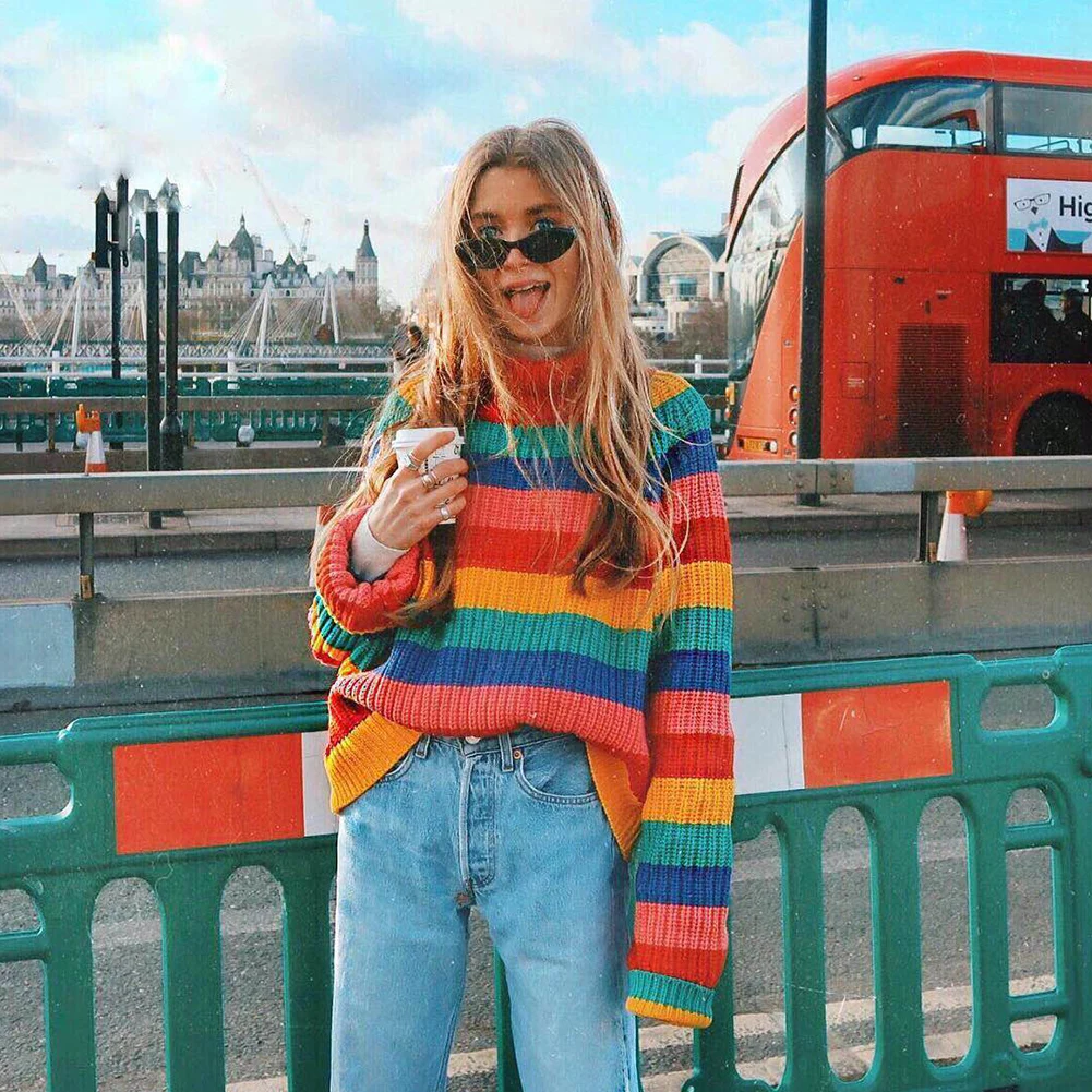 

Turtleneck Sweater Female Autumn Winter Hot Rainbow Stripe Pull Femme Loose Knitted Jumper For Lady Causal Winter Sweater Women