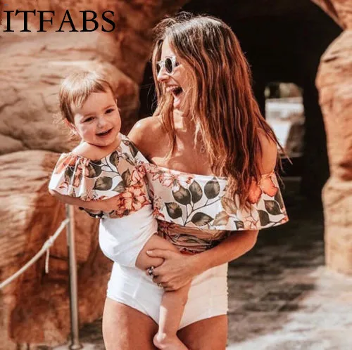 

ITFABS Family Mathching Cartoon Swimwear 2019 Mommy And Me Summer Bathing Suit Swimsuit Padded Bikini Monokini Swimming Suit