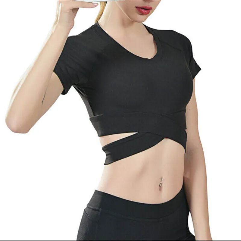 

2019 Women Gym White Yoga Crop Tops Yoga Shirts Short Sleeve Workout Fitness Running Sport T-Shirts Training Bandage Sportswear
