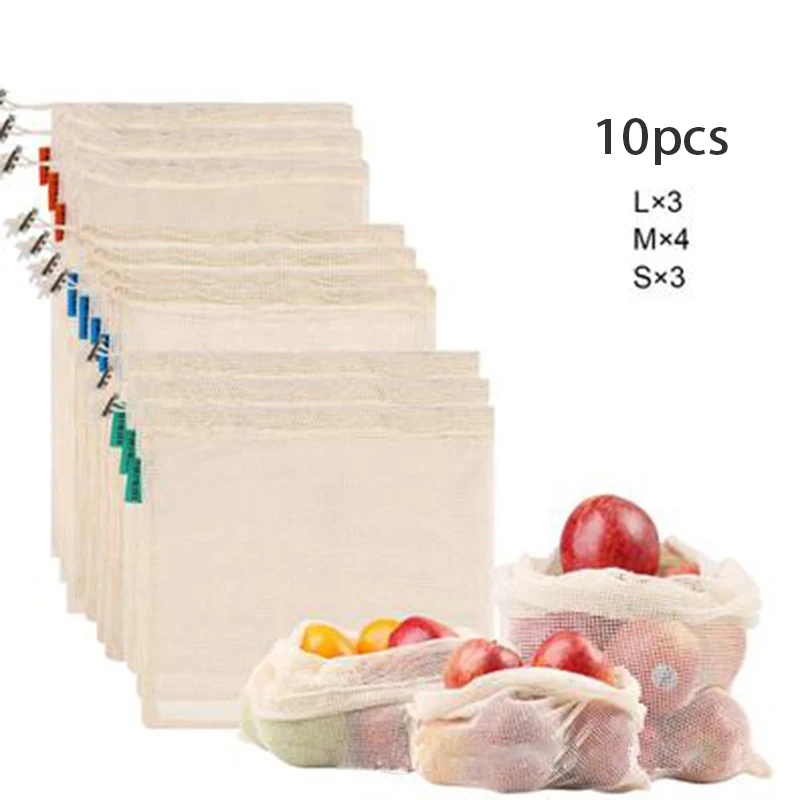 

Reusable Cotton Mesh Produce Bags Grocery Fruit Storage Shopping Strings Bags