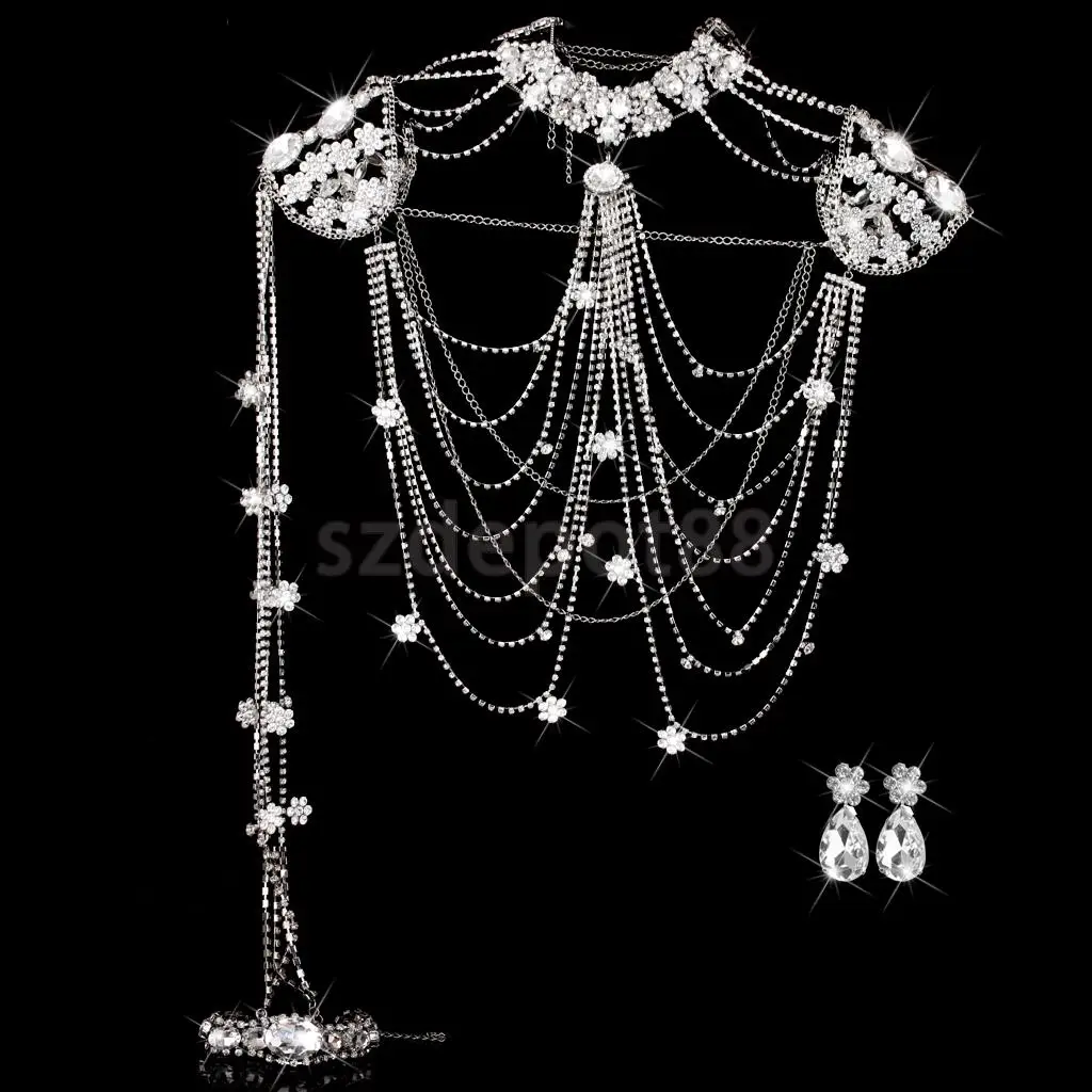 

Wedding Bridal Jewelry Rhinestone Crystal Chain Shoulder Necklace & Ear Clip