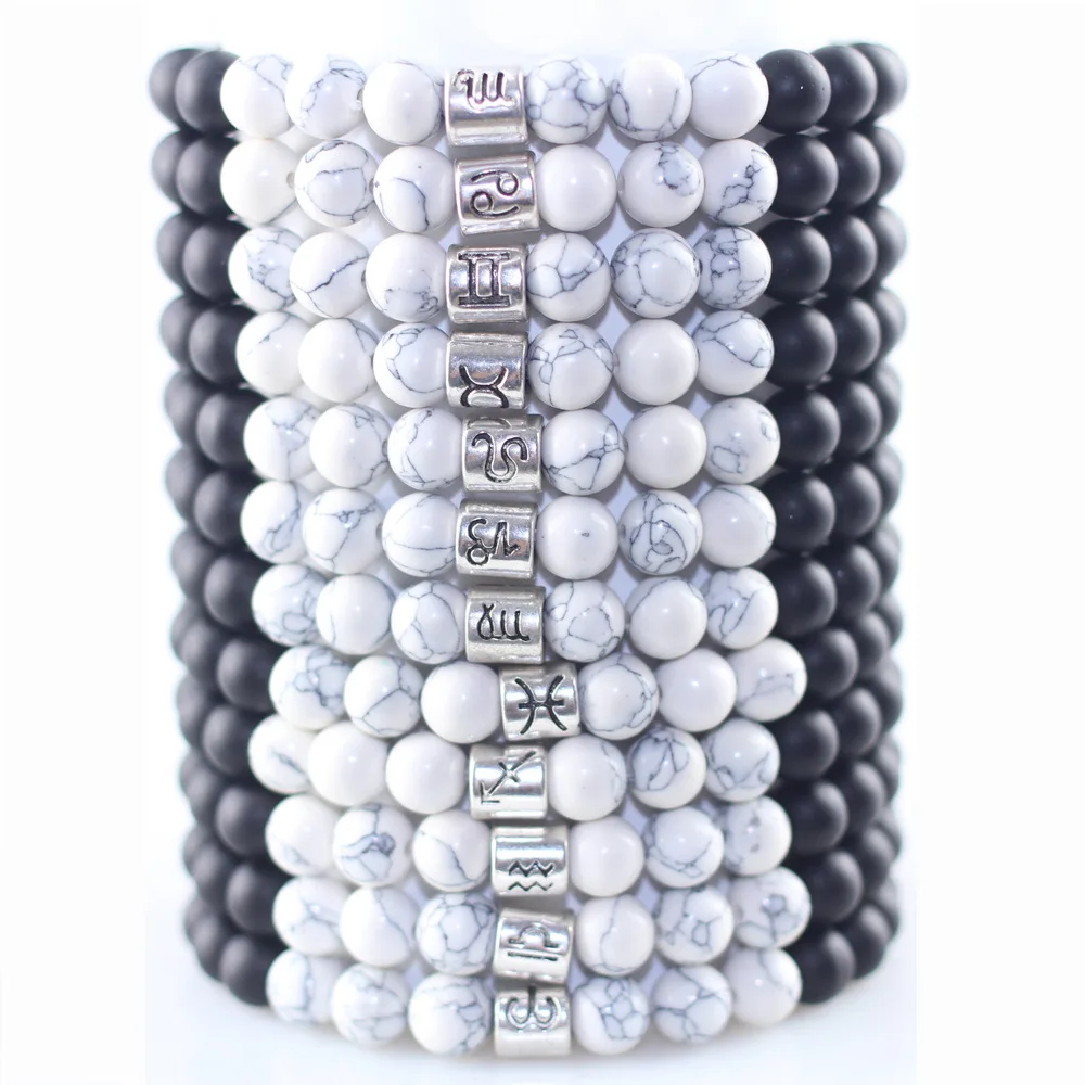 

12 Zodiac Signs 8mm Matte Stone White Elastic Beads Bracelets Vintage Constellation Horoscope Bracelets Jewelry For Men Women