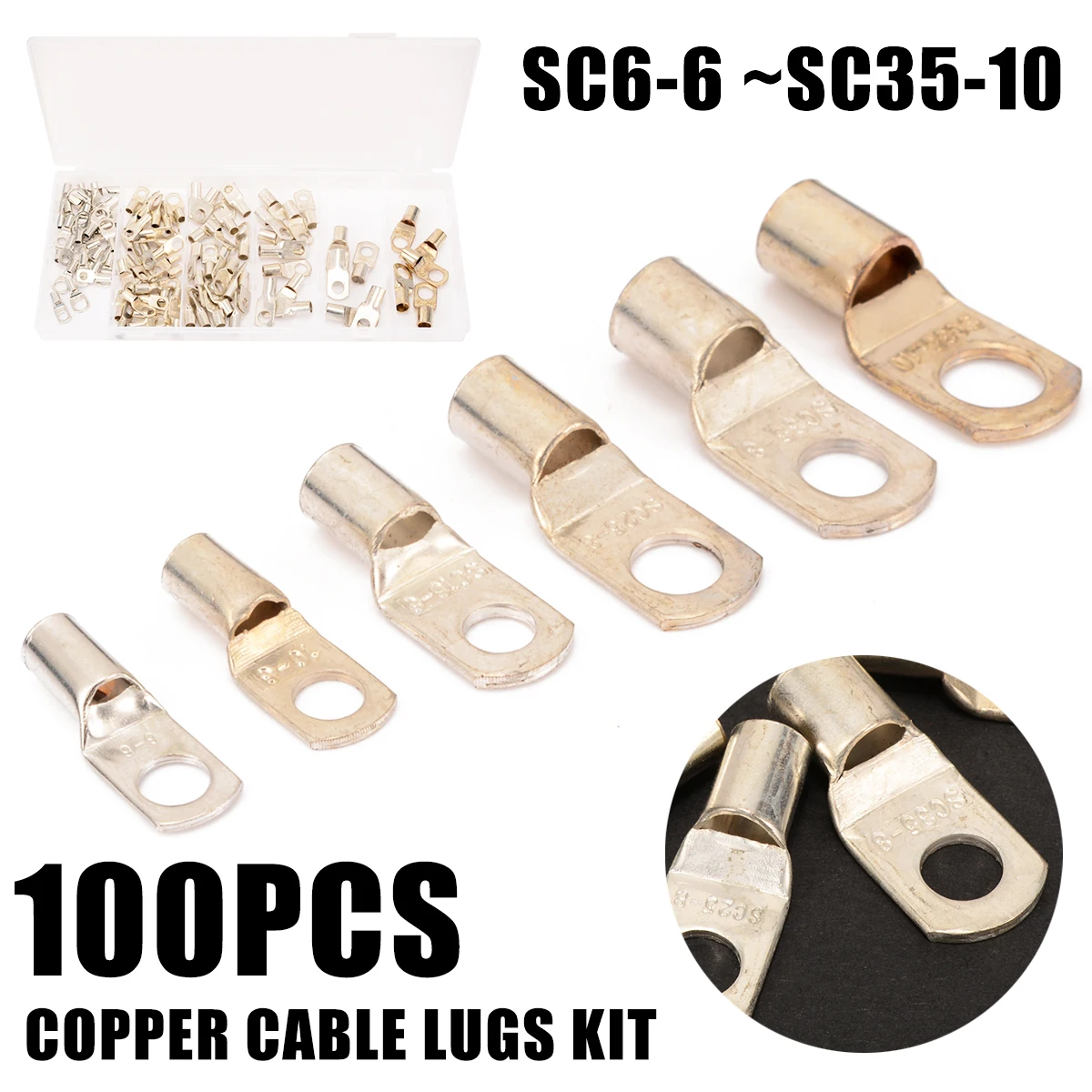 

100PCs/Set Copper Cable Lug Battery Terminal Lug Crimper Assorted Kit SC6-6/2 SC10-6/8 SC16-6/8 SC25-6/8 SC35-8/10