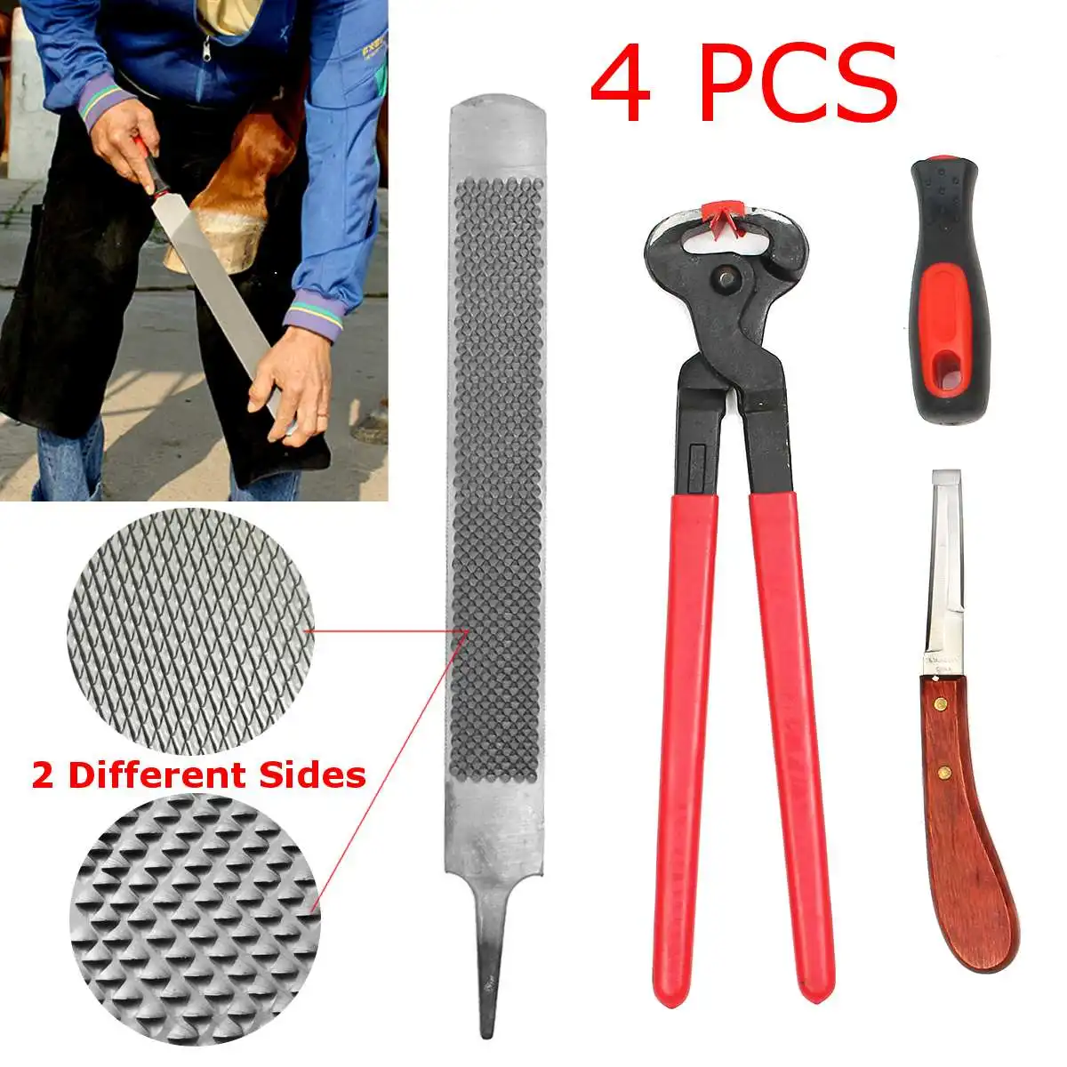 

4PCS Horse Farrier Hoof Nipper Trim Shoeing File Rasp Handle Hoof Cutter Tool
